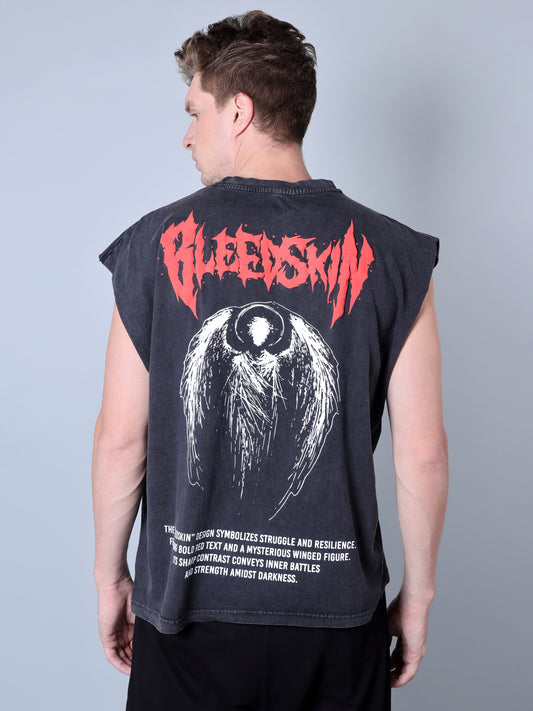 Bleeskin Printed Oversized Sleeveless T-Shirt (Charcol Grey)
